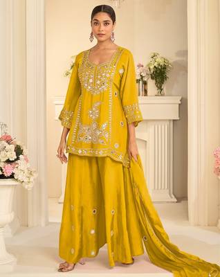 Yellow silk blend readymade suit with mirror & sequence work 1