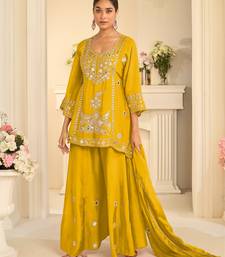 Yellow silk blend readymade suit with mirror & sequence work