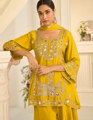Yellow silk blend readymade suit with mirror & sequence work 2