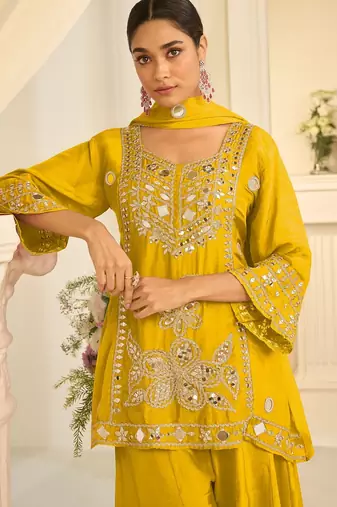 Yellow silk blend readymade suit with mirror & sequence work