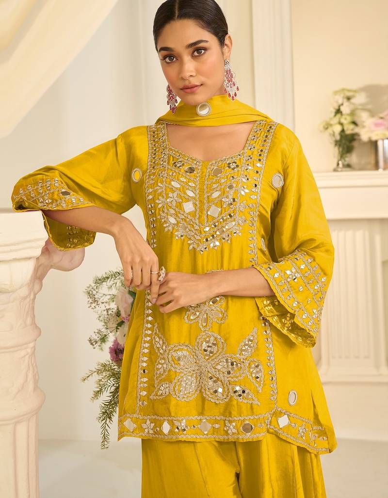 Yellow silk blend readymade suit with mirror & sequence work