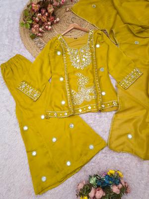 Yellow silk blend readymade suit with mirror & sequence work 3