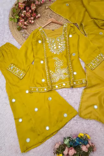 Yellow silk blend readymade suit with mirror & sequence work