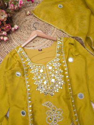 Yellow silk blend readymade suit with mirror & sequence work 4
