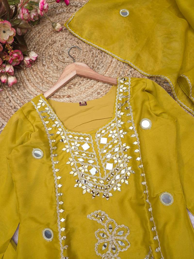 Yellow silk blend readymade suit with mirror & sequence work