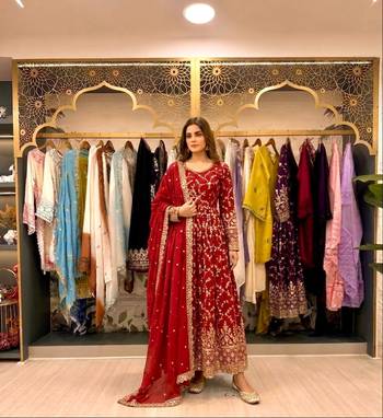 Red chinon readymade anarkali suit with embroidery & sequence work 1