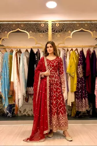 Red chinon readymade anarkali suit with embroidery & sequence work