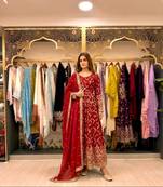 Red chinon readymade anarkali suit with embroidery & sequence work