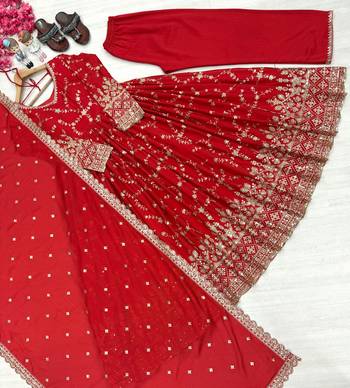 Red chinon readymade anarkali suit with embroidery & sequence work 3