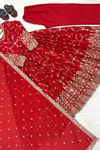 Red chinon readymade anarkali suit with embroidery & sequence work