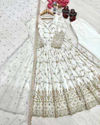 White chinon readymade anarkali suit with embroidery & sequence work 2