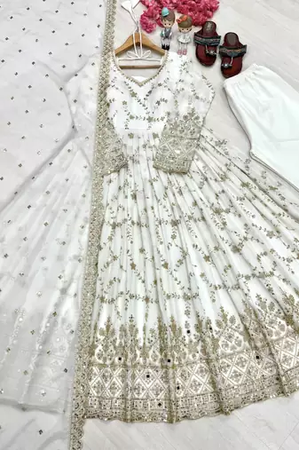 White chinon readymade anarkali suit with embroidery & sequence work