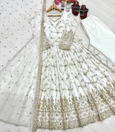 White chinon readymade anarkali suit with embroidery & sequence work
