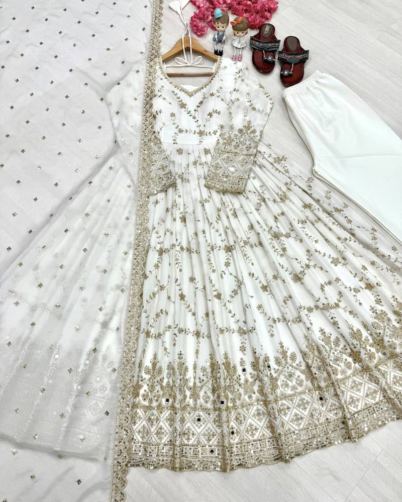 White chinon readymade anarkali suit with embroidery & sequence work