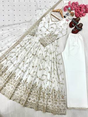White chinon readymade anarkali suit with embroidery & sequence work 3