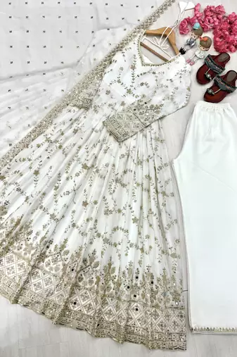 White chinon readymade anarkali suit with embroidery & sequence work