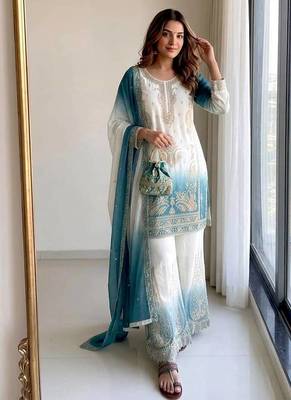 Blue&white georgette readymade suit with embroidery & jarkhan work 1