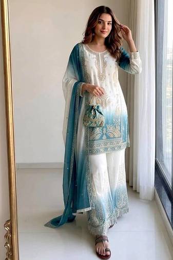 Blue&white georgette readymade suit with embroidery & jarkhan work