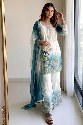 Blue&white georgette readymade suit with embroidery & jarkhan work