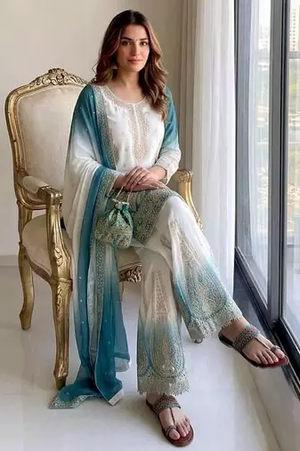Blue&white georgette readymade suit with embroidery & jarkhan work