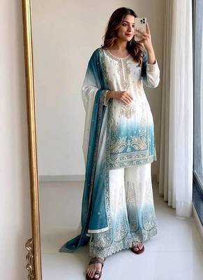 Blue&white georgette readymade suit with embroidery & jarkhan work 3