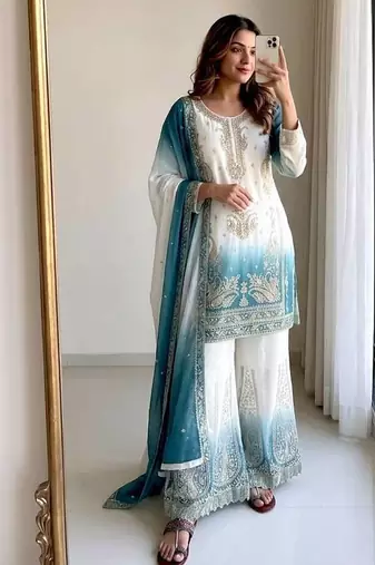 Blue&white georgette readymade suit with embroidery & jarkhan work