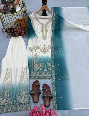 Blue&white georgette readymade suit with embroidery & jarkhan work 4