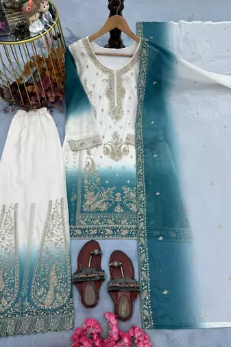 Blue&white georgette readymade suit with embroidery & jarkhan work