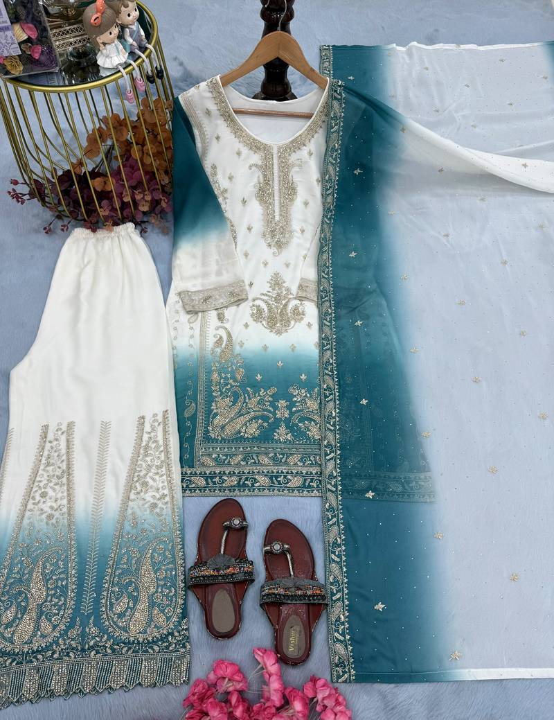 Blue&white georgette readymade suit with embroidery & jarkhan work