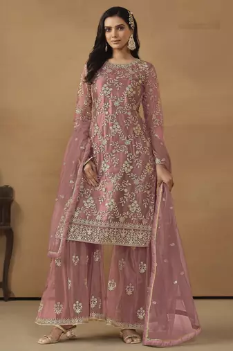dusty pink premium semi-stitched sharara suit