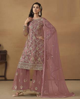 dusty pink premium semi-stitched sharara suit 2
