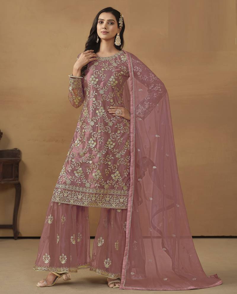 dusty pink premium semi-stitched sharara suit