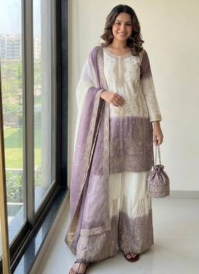 Lavender&white georgette readymade suit with embroidery & jarkhan work 1