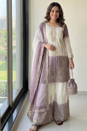 Lavender&white georgette readymade suit with embroidery & jarkhan work