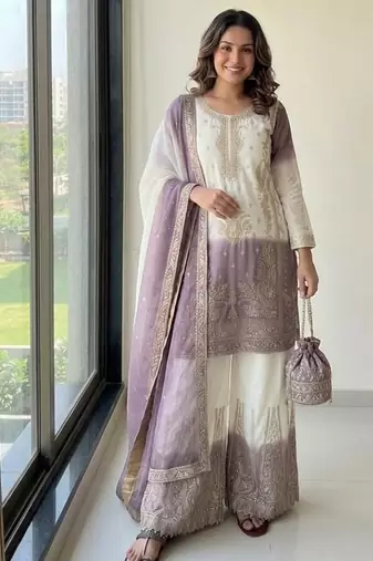 Lavender&white georgette readymade suit with embroidery & jarkhan work