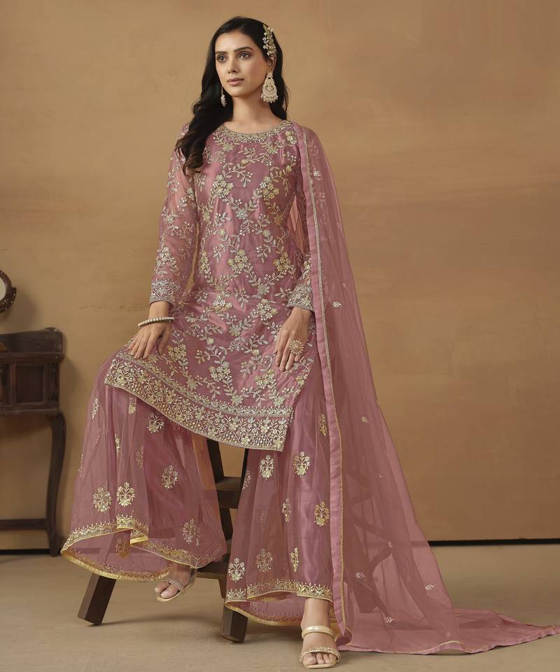 dusty pink premium semi-stitched sharara suit