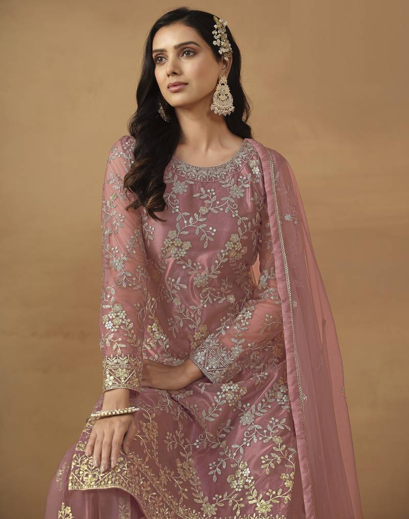 dusty pink premium semi-stitched sharara suit