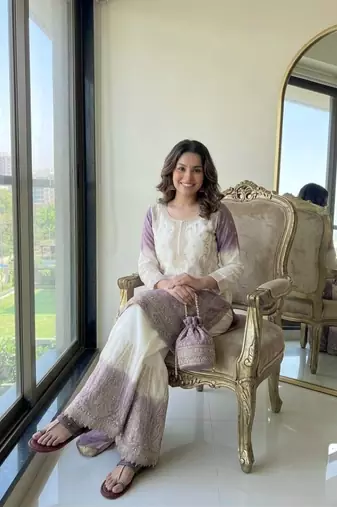 Lavender&white georgette readymade suit with embroidery & jarkhan work