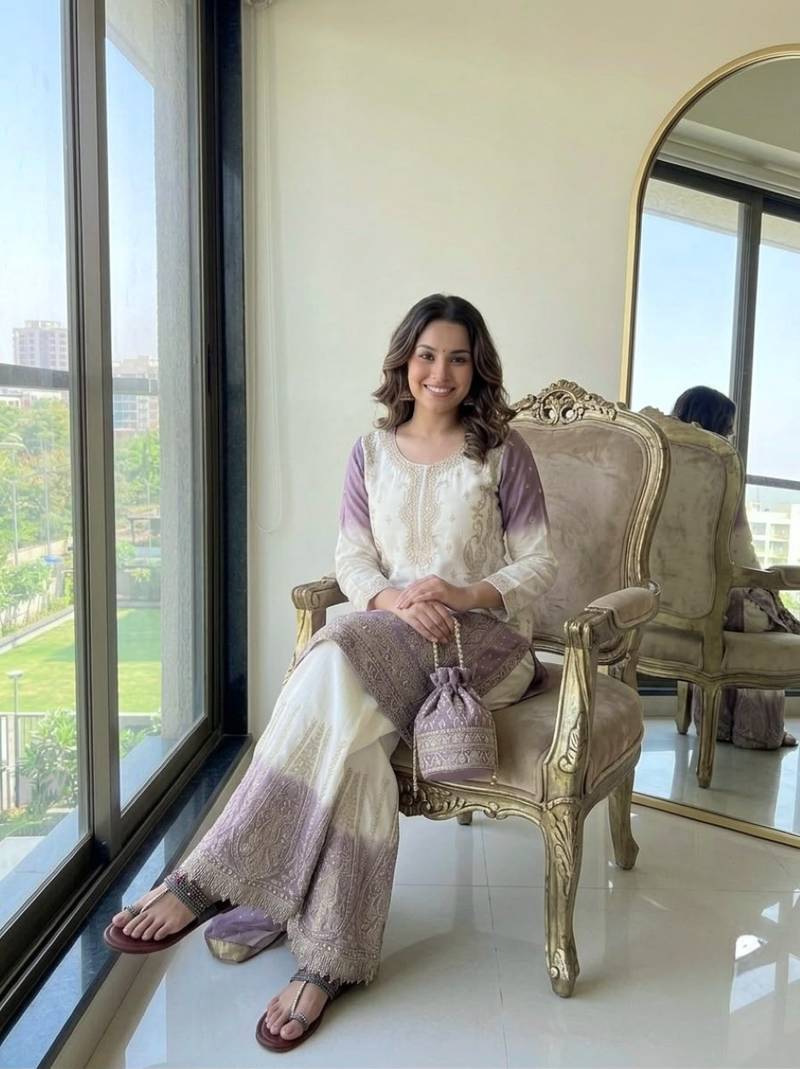 Lavender&white georgette readymade suit with embroidery & jarkhan work