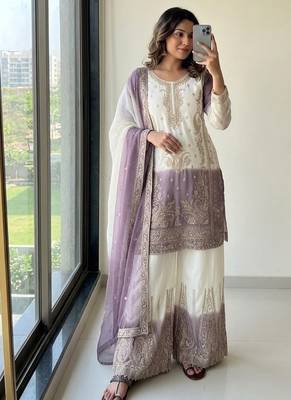Lavender&white georgette readymade suit with embroidery & jarkhan work 3