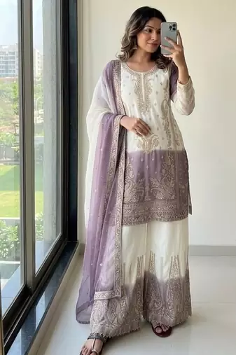 Lavender&white georgette readymade suit with embroidery & jarkhan work