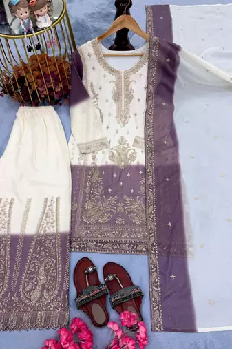 Lavender&white georgette readymade suit with embroidery & jarkhan work