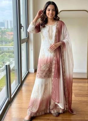 Peach&white georgette readymade suit with embroidery & jarkhan work 1