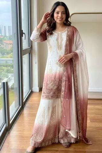 Peach&white georgette readymade suit with embroidery & jarkhan work