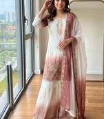 Peach&white georgette readymade suit with embroidery & jarkhan work