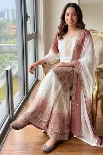 Peach&white georgette readymade suit with embroidery & jarkhan work