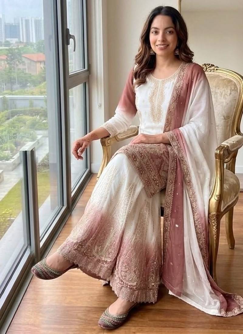 Peach&white georgette readymade suit with embroidery & jarkhan work