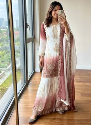 Peach&white georgette readymade suit with embroidery & jarkhan work 3