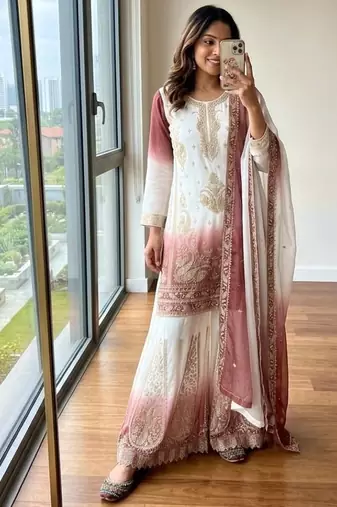 Peach&white georgette readymade suit with embroidery & jarkhan work