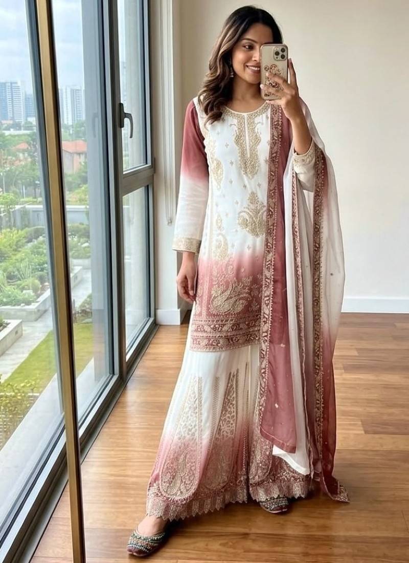 Peach&white georgette readymade suit with embroidery & jarkhan work